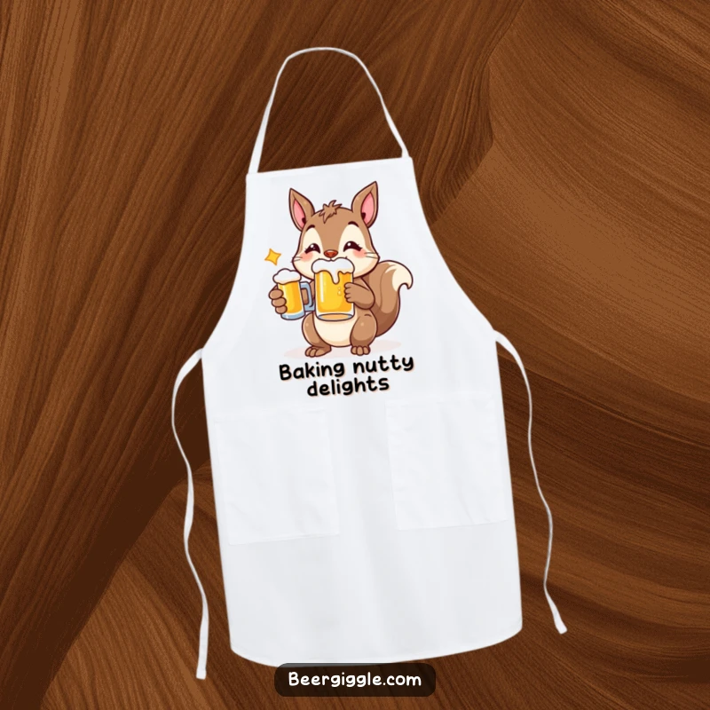 Funny apron showcasing a cheerful squirrel character holding a beer mug, perfect for humorous culinary endeavors.