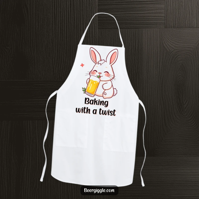 Funny Rabbit Apron: A contented rabbit character sipping beer with a straw, a funny kitchen accessory.