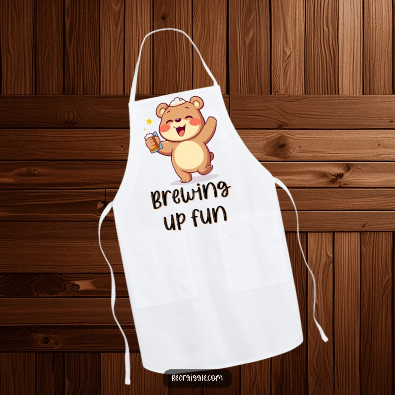 Funny bear beer dance apron, featuring a happy bear celebrating with a frothy mug, ideal for cheerful cooking and parties.