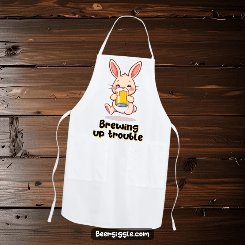 Funny rabbit character joyfully hopping with a beer mug, durable apron, perfect for cooking and kitchen fun.