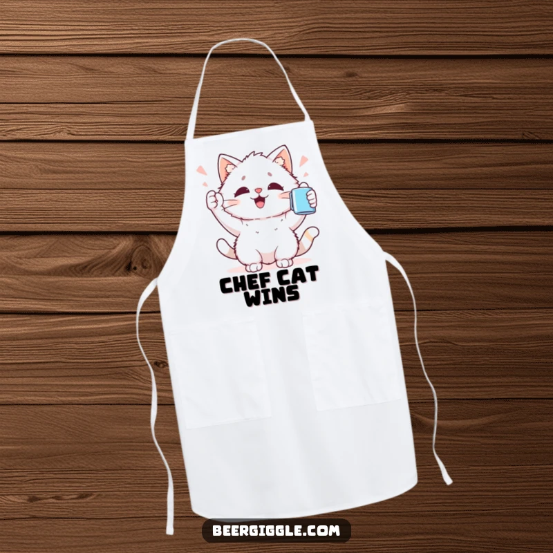 Funny Kawaii Cat Apron: Cute cat character cheers with a mug, adding a humorous and festive touch to kitchen wear.