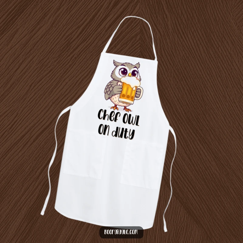 Funny owl with wide, delighted eyes holding a beer stein, making this apron a hilarious and practical kitchen accessory.