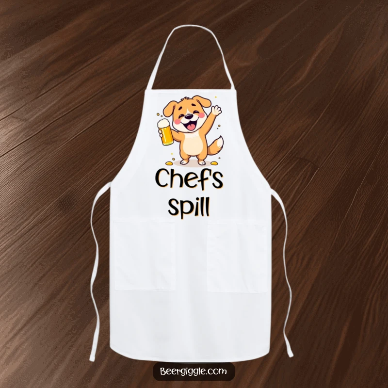 Funny dancing dog apron, a character spilling beer while celebrating, ideal for kitchen use and adding humor.