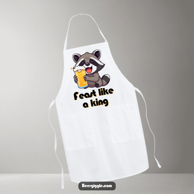 Funny kawaii raccoon with exaggerated delight drinking a beer on a practical apron.