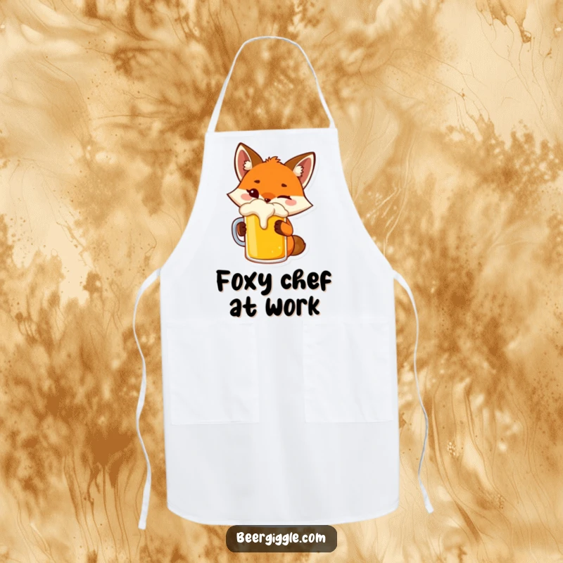 Funny fox apron showing a playful character winking while toasting a beer mug, for cooking.
