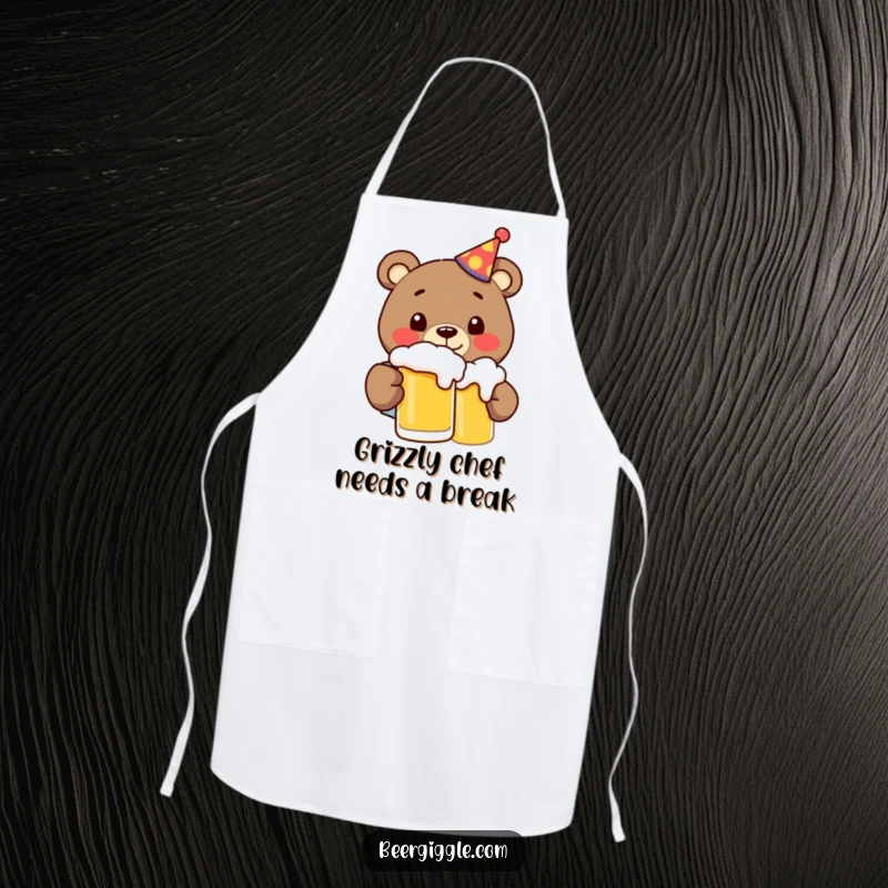 Funny bear wearing a party hat, happily drinking beer, making this apron a hilarious and practical kitchen accessory.
