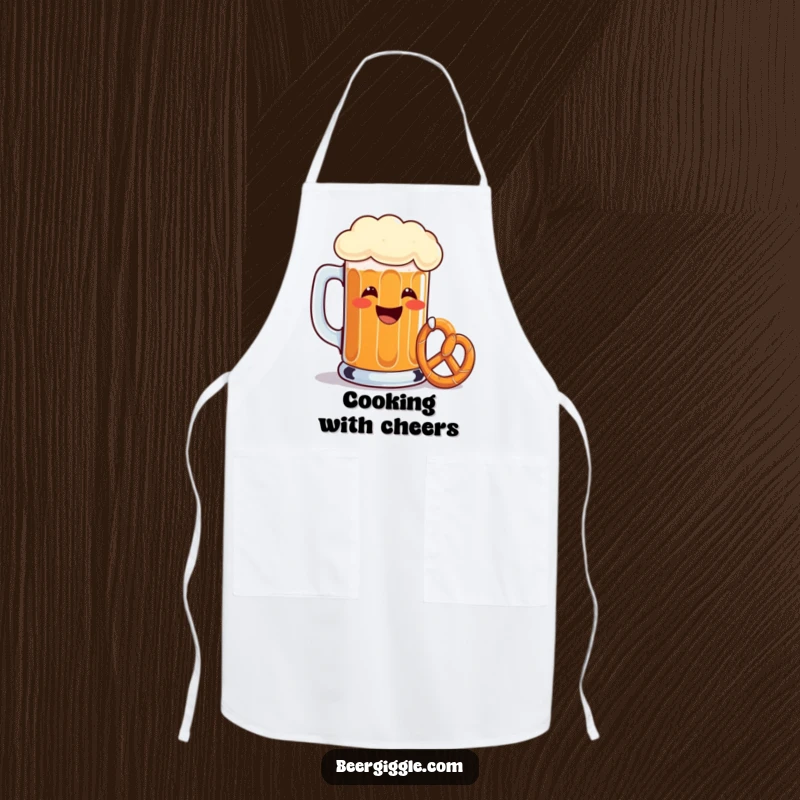 Funny beer mug apron, grinning, toasting with a tiny pretzel, kitchen accessory, cooking wear, humorous gift.