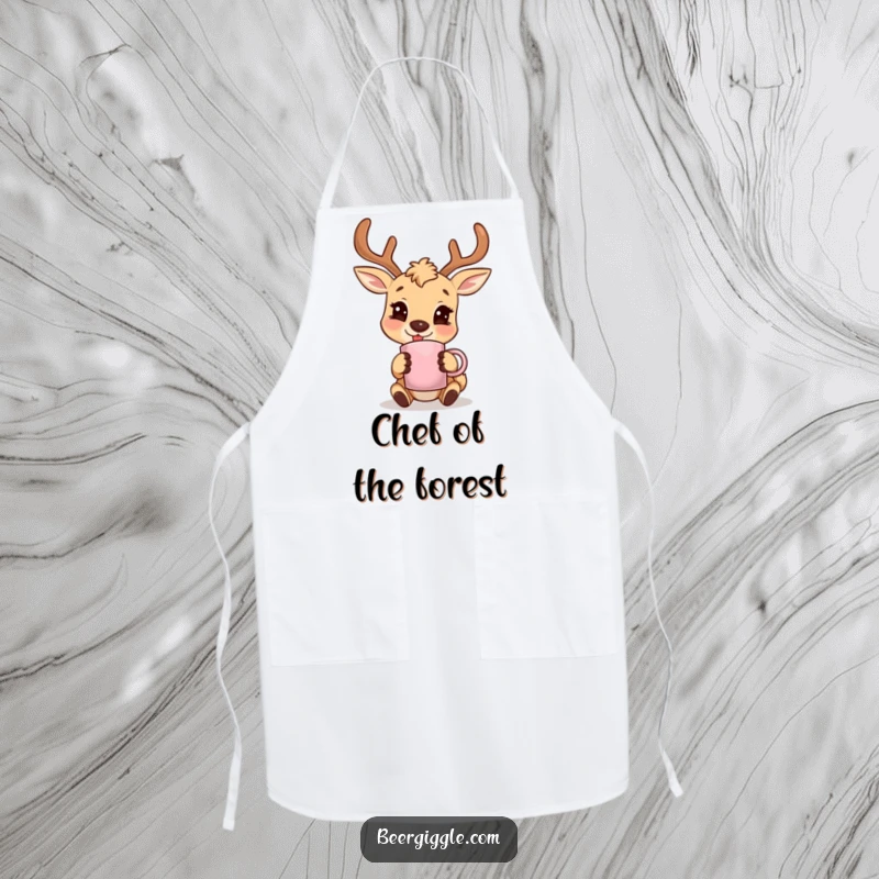 Funny deer character smiling with an antler mug, durable apron for cooking, bringing humor and charm to the kitchen.