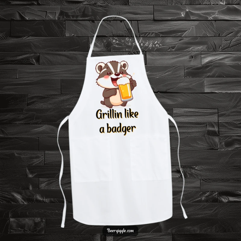 Funny apron showcasing a delighted badger character toasting with a beer mug, perfect for fun culinary creations.