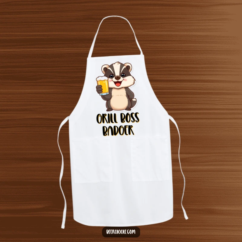 Funny apron with a delighted badger character toasting with a beer, ideal for adding festive humor to cooking and hosting duties.