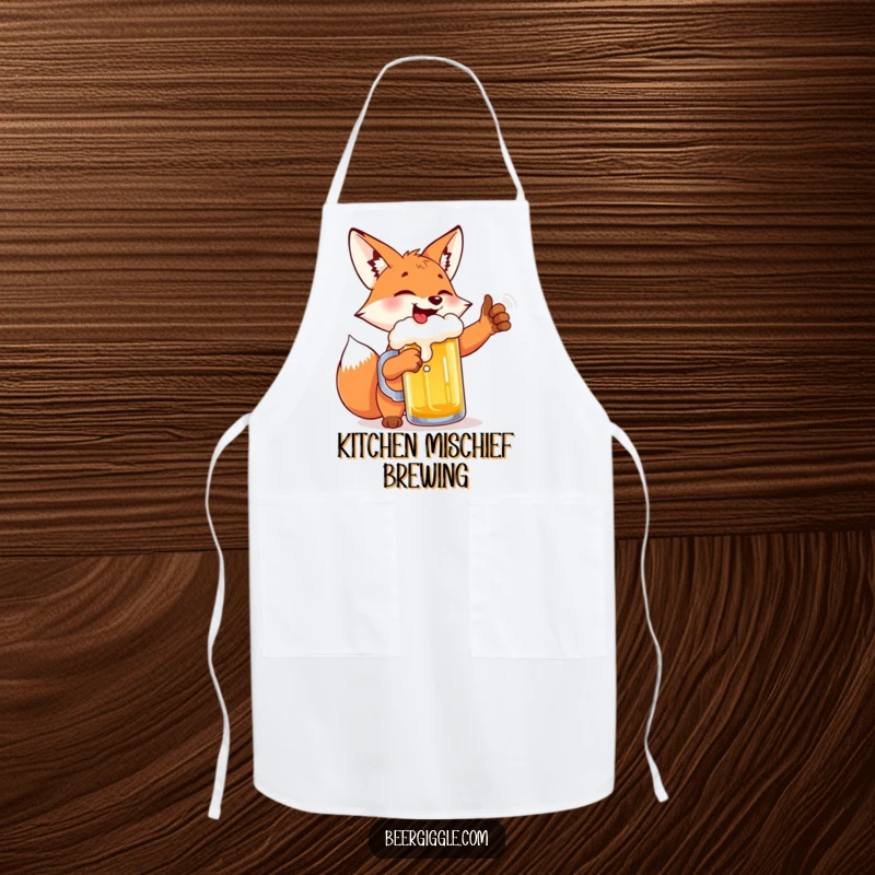 Funny fox beer high-five apron, featuring a gleeful fox toasting a beer mug, perfect for cheerful cooking and parties.