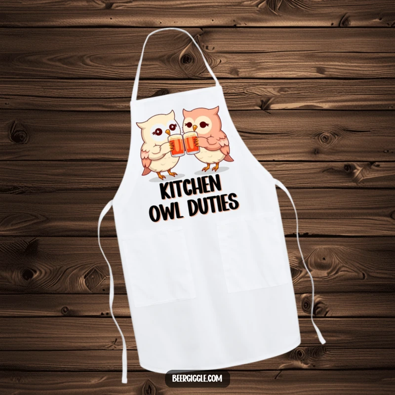 Funny kawaii owl mugs apron featuring twinkling owls clinking, ideal for cooking and baking with a friend.