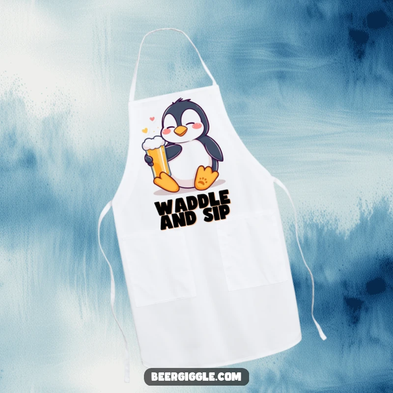 Funny Kawaii Penguin Beer Apron: A content penguin relaxing with a cold beer. Humorous and practical kitchen wear for a chill vibe.
