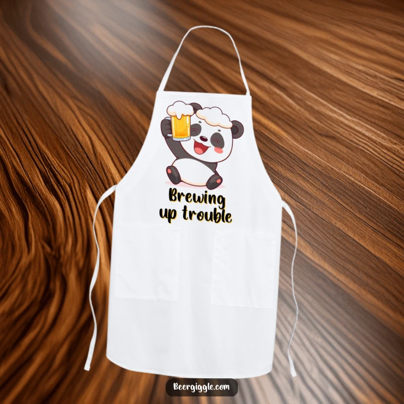 Funny panda apron showing a cheerful character holding a frothy beer stein, great for cooking.