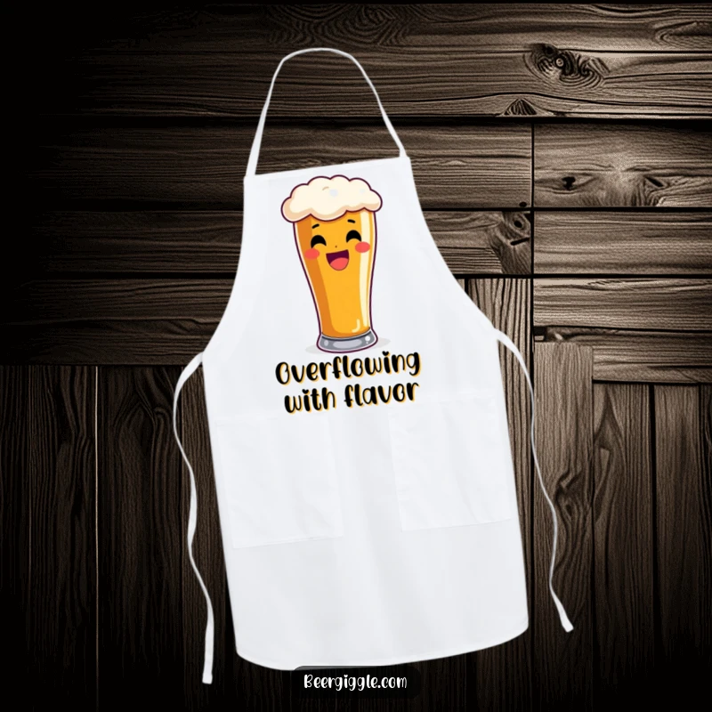 Funny pint glass apron, delighted, overflowing with frothy beer, kitchen accessory, cooking wear, humorous gift.