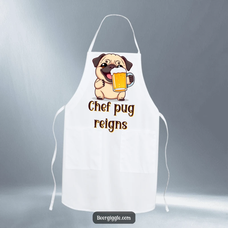 Funny pug beer toast apron, featuring a smiling pug raising a pint, perfect for cheerful cooking and parties.