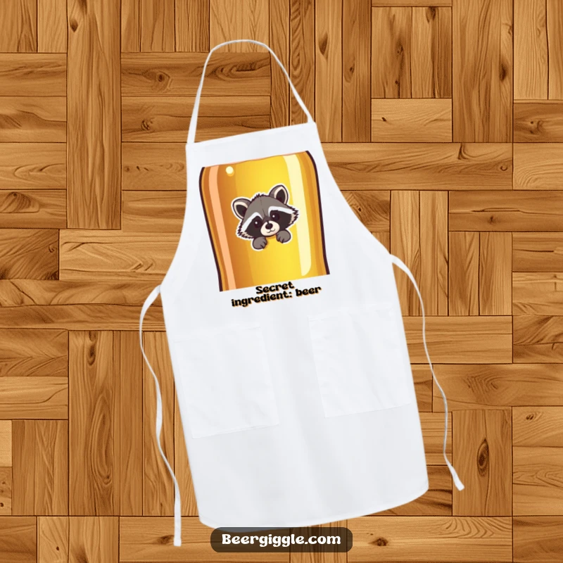 Funny raccoon character peeking behind a giant beer bottle, durable apron for cooking, adding humor to the kitchen.