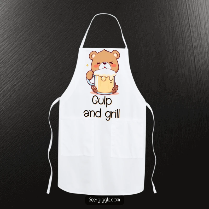 Funny Kawaii Bear Apron: Cute bear character gulps a frothing mug during cooking, adding a humorous element to the kitchen.