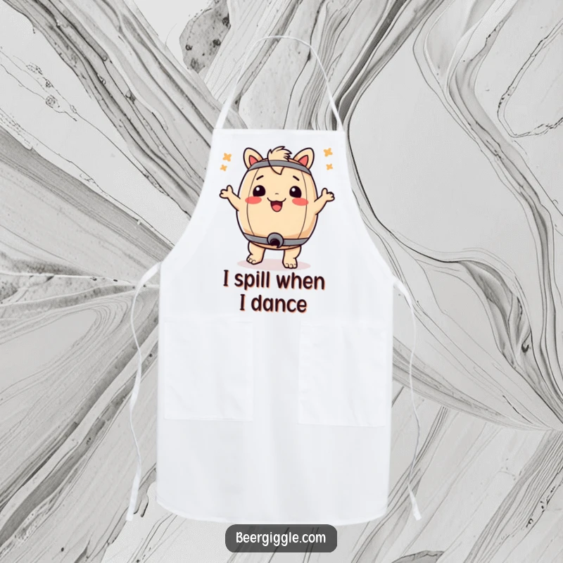 Funny kitchen apron featuring a beer keg in a dancing pose, perfect for adding humor to cooking and grilling sessions.