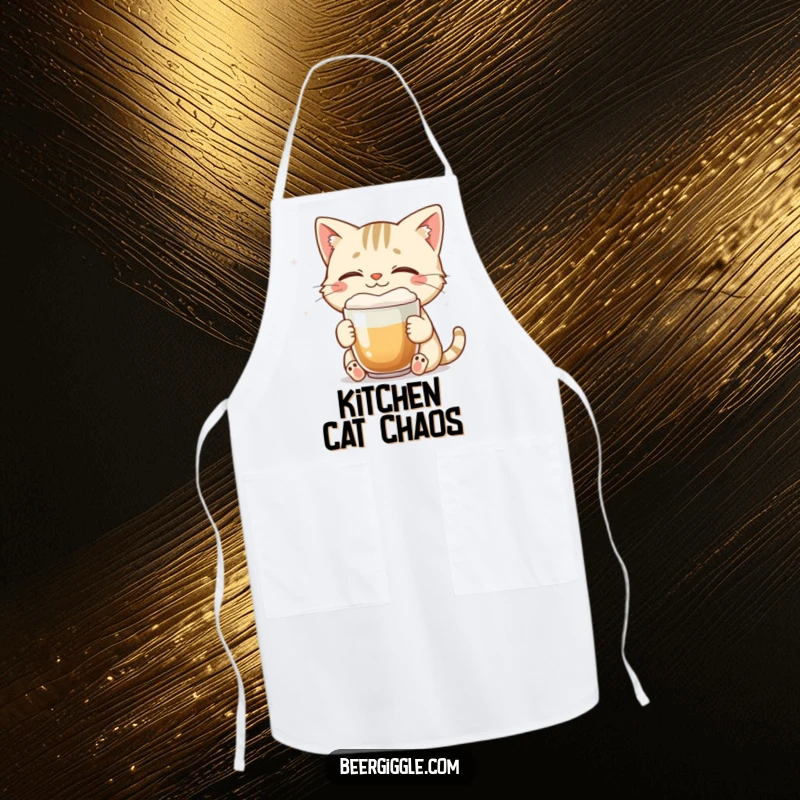 Funny cat apron showing a smiling character enjoying a foamy brew with eyes closed, for cooking.