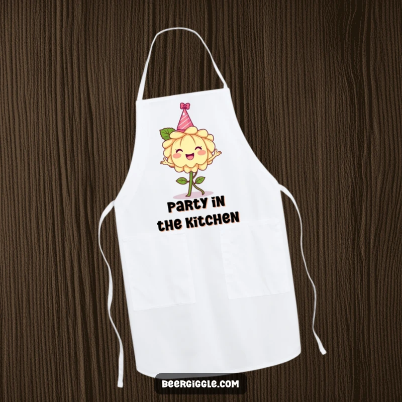 Funny hops flower apron, cheerful, wearing a tiny party hat, dancing, kitchen accessory, cooking wear, humorous gift.