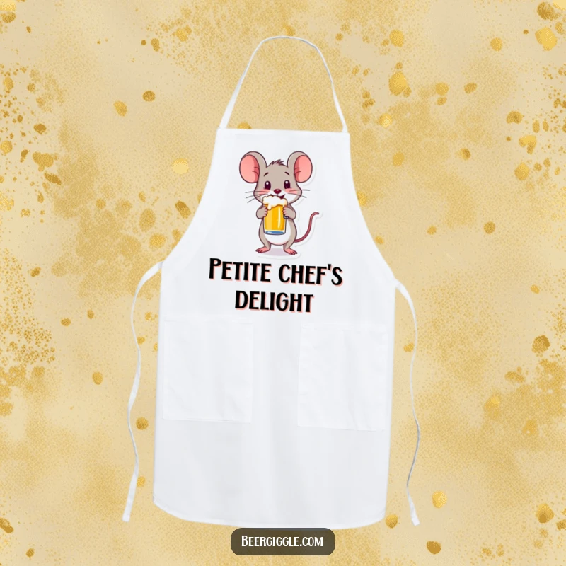 Funny apron featuring a happy mouse character balancing a small beer mug, ideal for adding charming humor to cooking and baking.