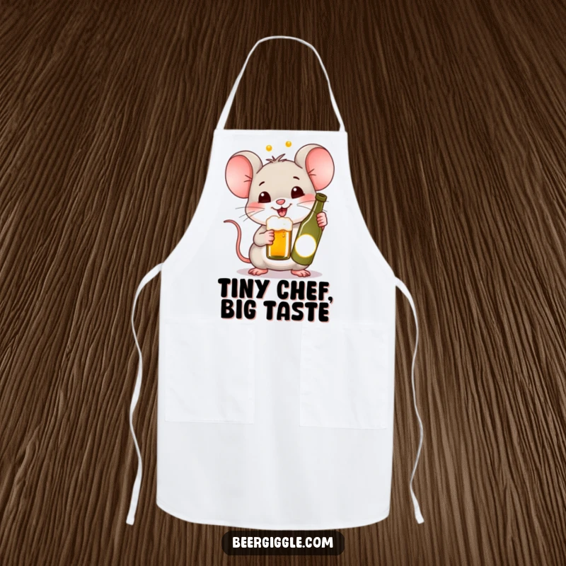 Funny Kawaii Mouse Beer Apron: A happy mouse cheering with a tiny beer bottle. Humorous and practical kitchen wear.