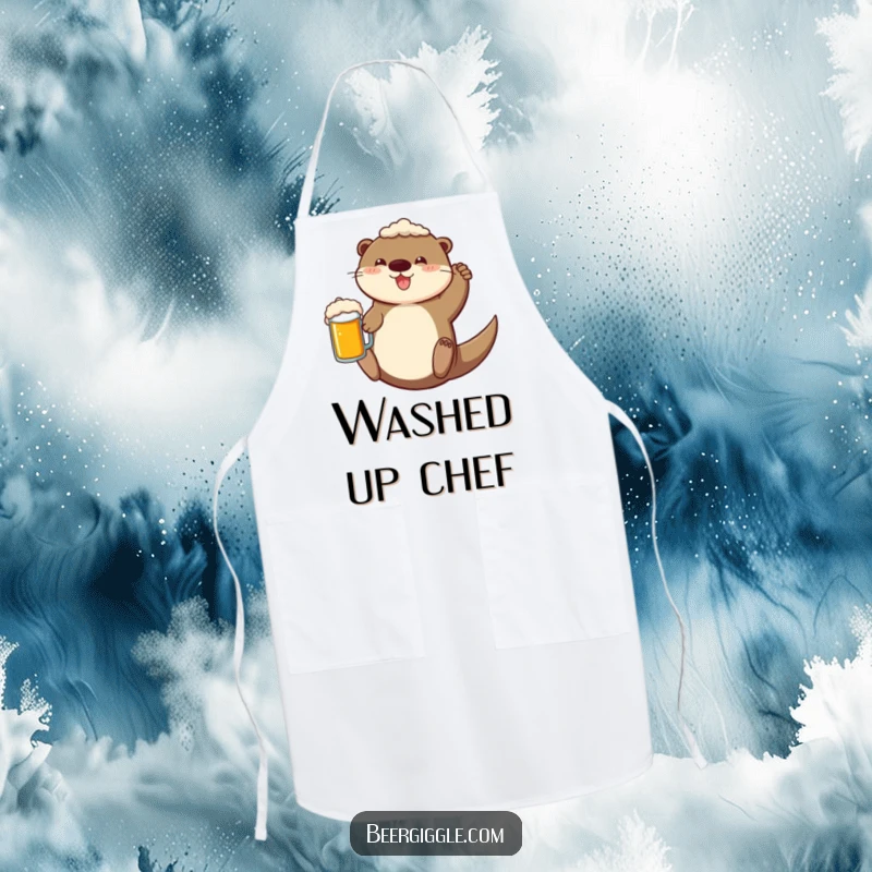 Funny Apron featuring a cheerful otter floating with a beer mug, great for chefs who love a playful touch.