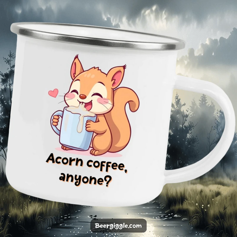 Funny Kawaii Squirrel Chugging Camping Mug: A cute squirrel drinking from a small mug in an outdoor setting. Durable and humorous for adventurers.