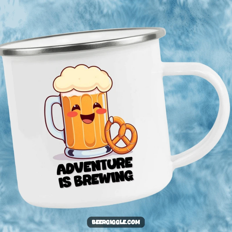 Funny beer mug camping mug, enamel, grinning, toasting with a tiny pretzel, outdoor gear, humorous beverage holder.