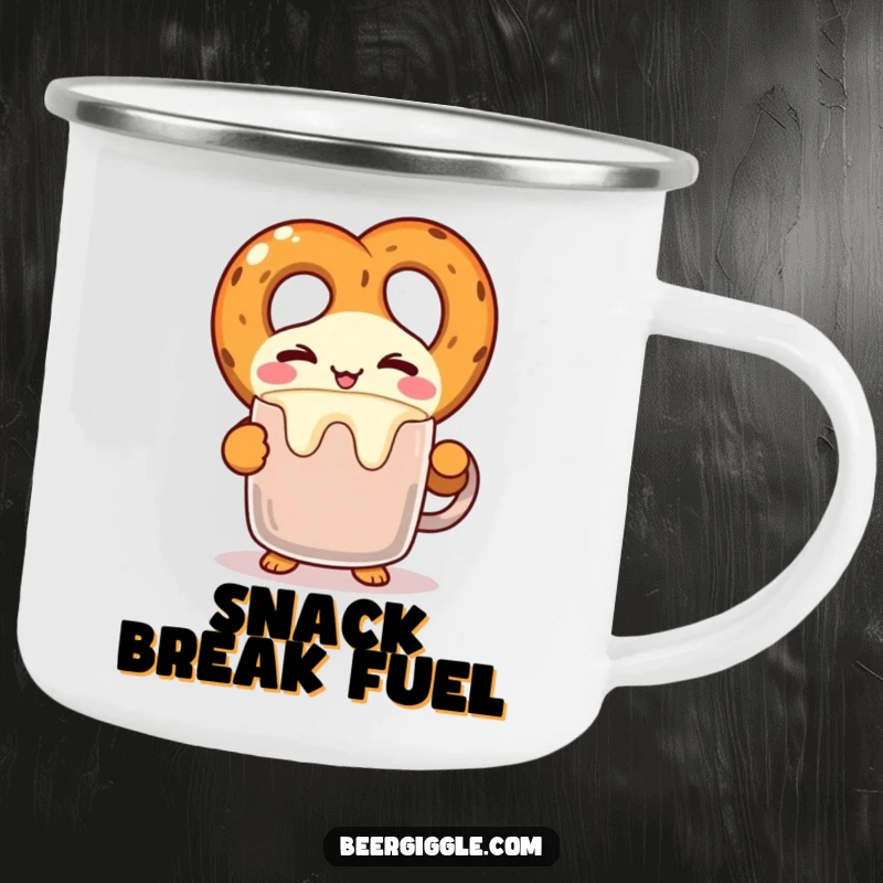 Funny kawaii pretzel character winking while balancing a frothy mug on a camping mug, durable and humorous for adventures. Great gift.