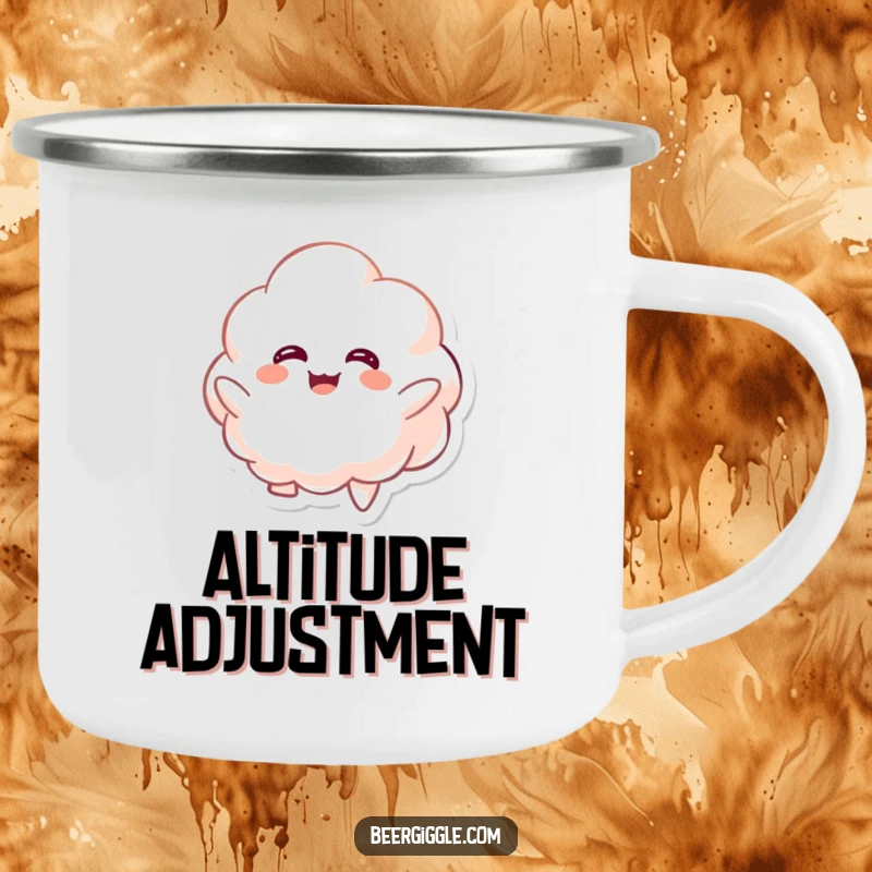 Funny kawaii foamy character giggling while floating upwards on a camping mug, durable and whimsical for adventures. Great gift.
