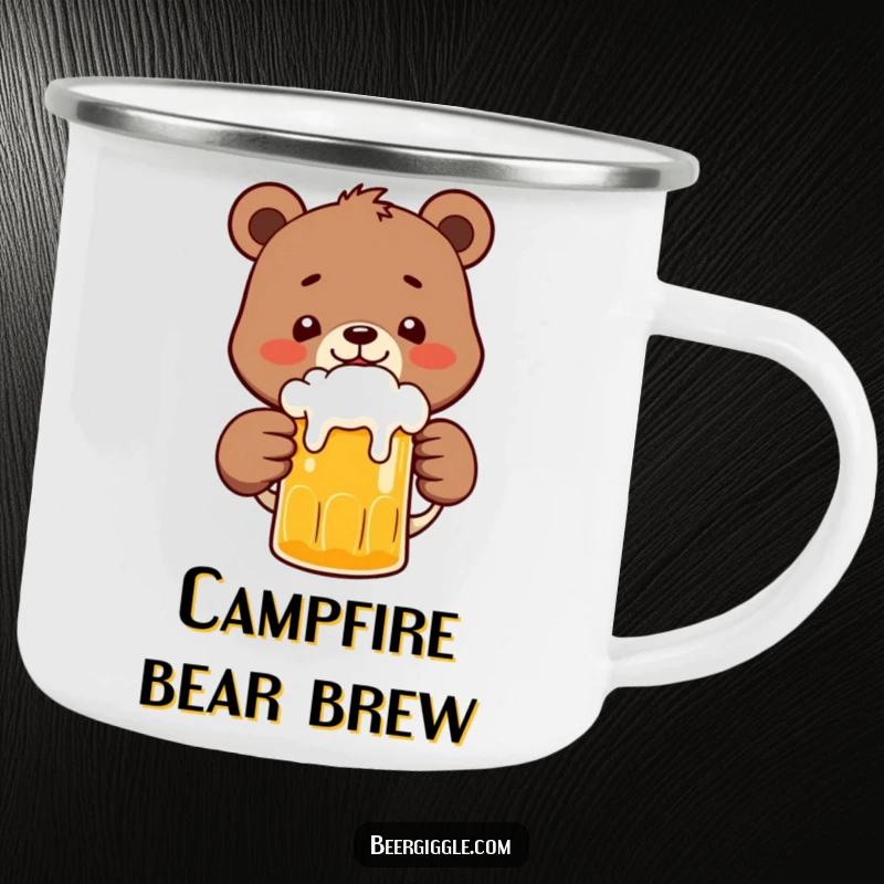 Funny Bear Camping Mug: A happy bear character clinking a frothy beer mug, durable and ready for outdoor adventures.