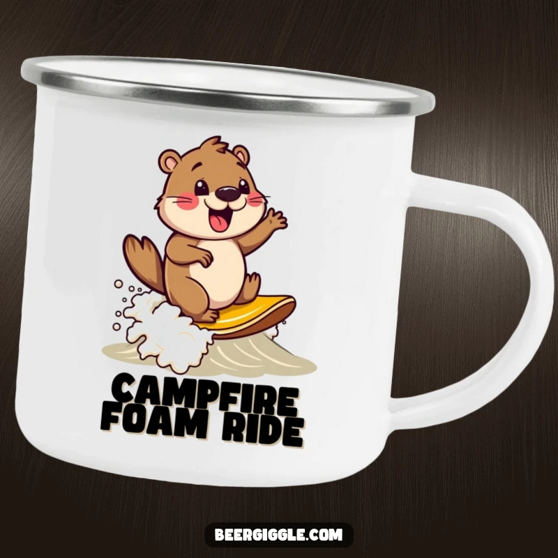 Funny beaver character surfing on a beer foam wave, enamel camping mug, durable and portable for outdoor adventures.