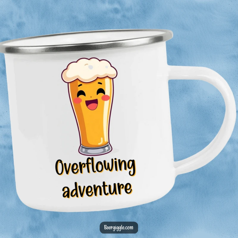 Funny pint glass camping mug, enamel, delighted, overflowing with frothy beer, outdoor gear, humorous beverage holder.