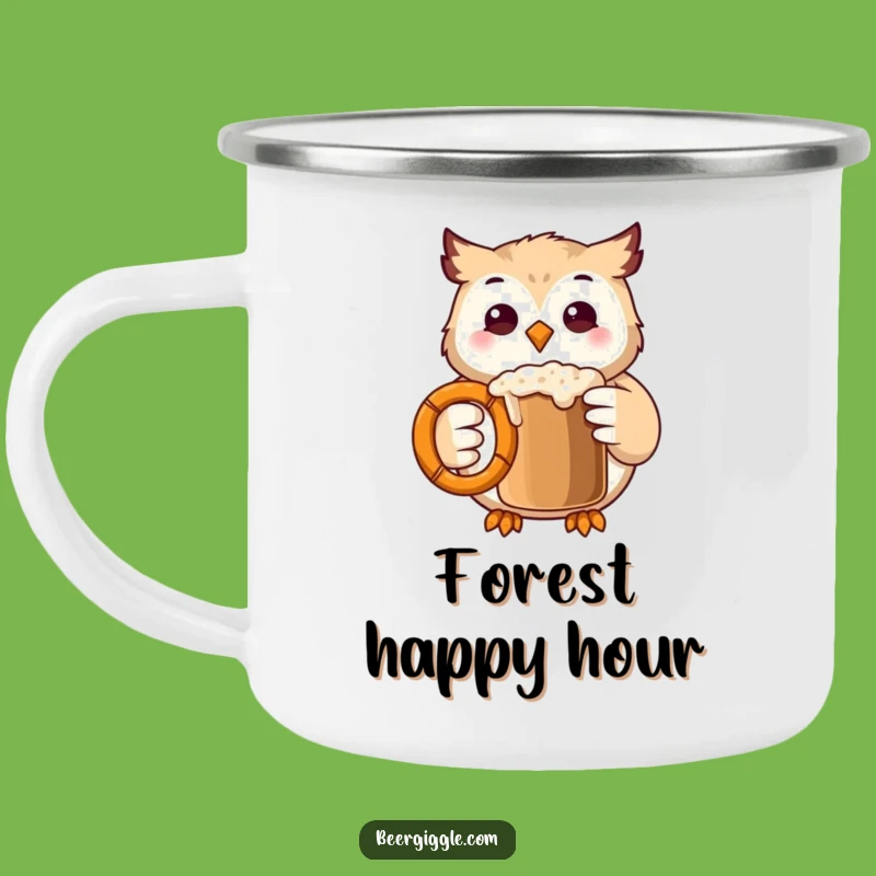 Funny Kawaii Owl Camping Mug: Sturdy Mug with Owl Clinking Pretzel, Outdoor Gift