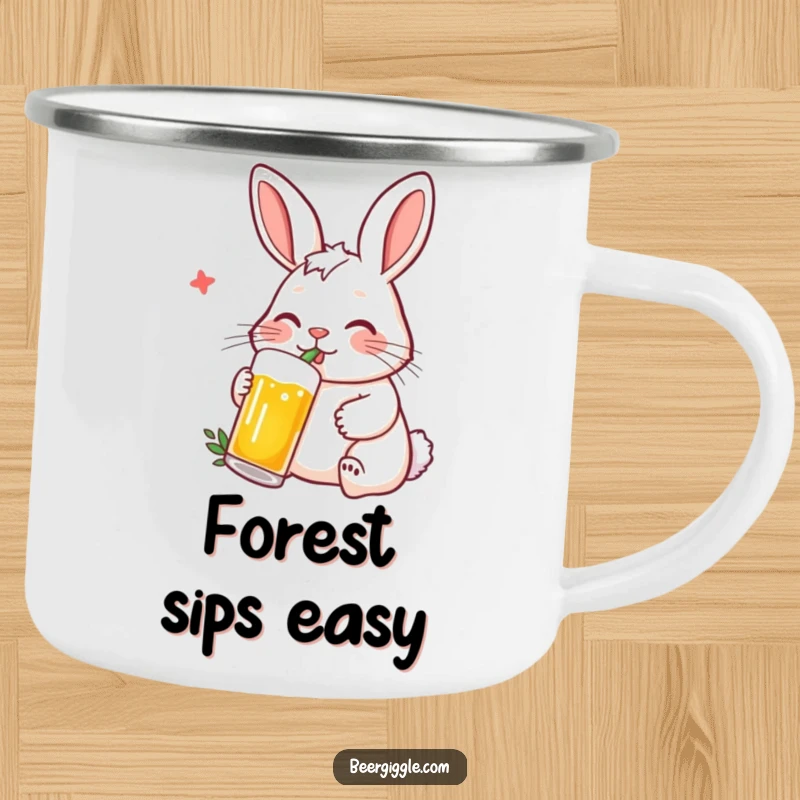 Funny Rabbit Camping Mug: A contented rabbit character sipping beer with a straw, perfect for outdoor relaxation.