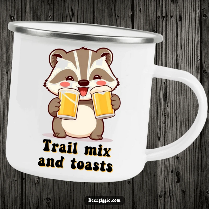 Funny Badger Toast Camping Mug: A cheerful badger raises two mugs in a toast, ready for hilarious outdoor fun.