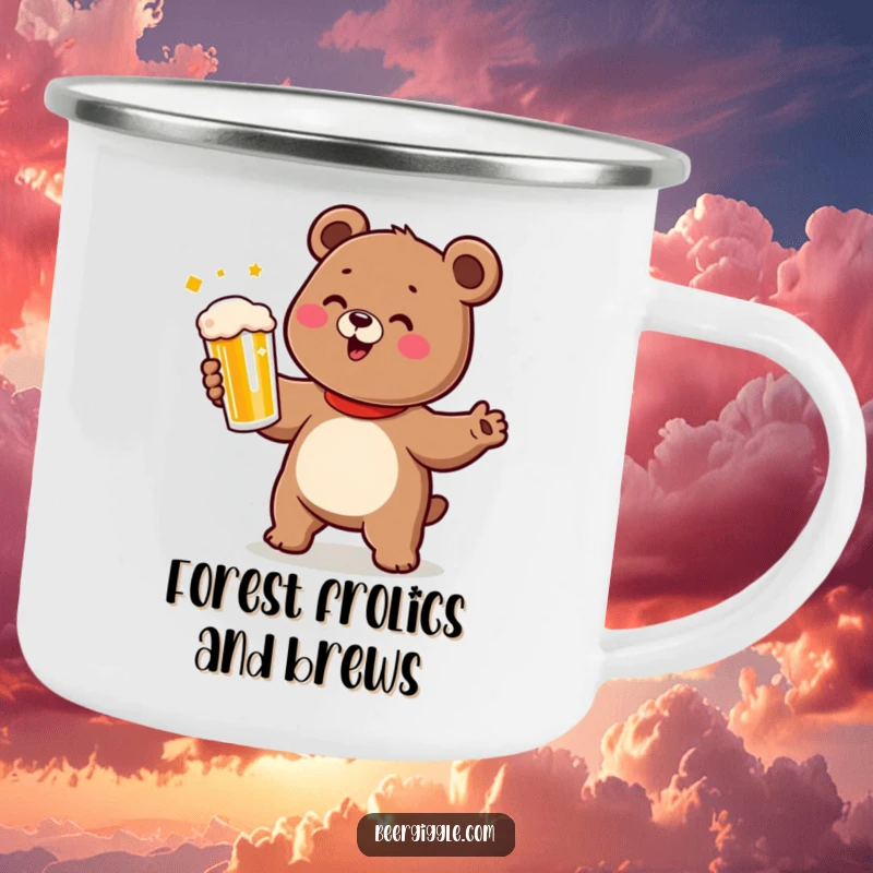 Funny bear camping mug featuring a cute character doing a happy dance while holding a beer.