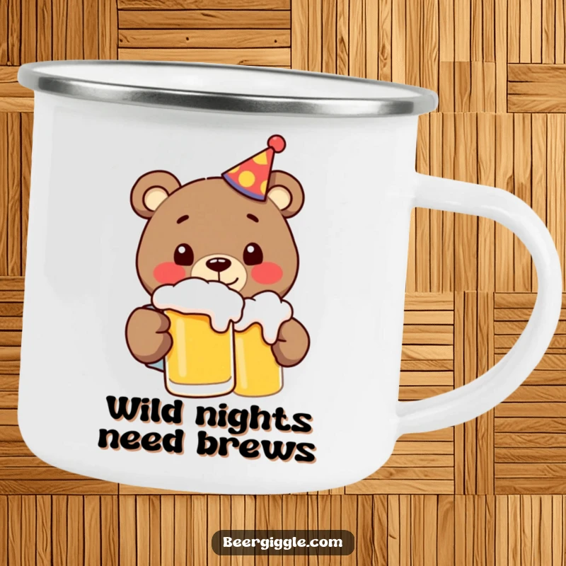 Funny bear in a party hat, chugging beer outdoors, ideal for camping and adventures, embodying hilarious, rugged fun.