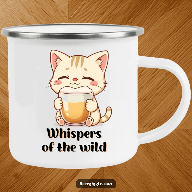 Funny cat camping mug featuring a smiling character enjoying a foamy brew with eyes closed.