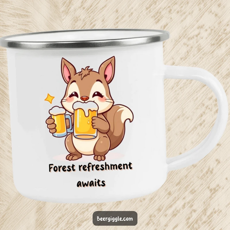 Funny camping mug depicting a cheerful squirrel holding a beer mug, perfect for outdoor fun.