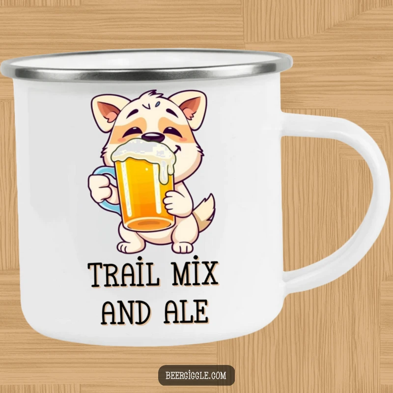 Funny dog camping mug featuring a happy character gleefully chugging from a beer mug, for camping.