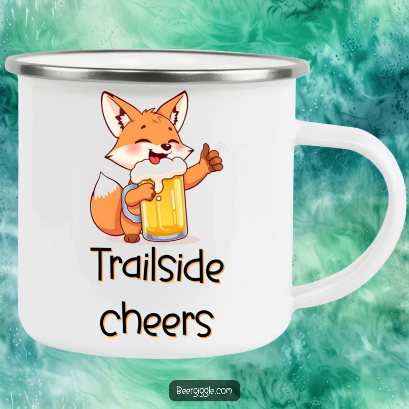 Funny fox beer high-five camping mug, featuring a joyful fox celebrating with a beer, perfect for outdoor enthusiasts.