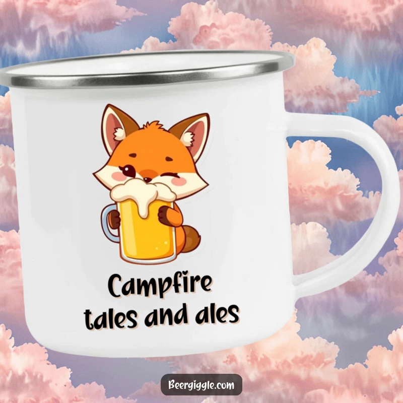 Funny fox camping mug featuring a playful character winking while toasting a beer mug.
