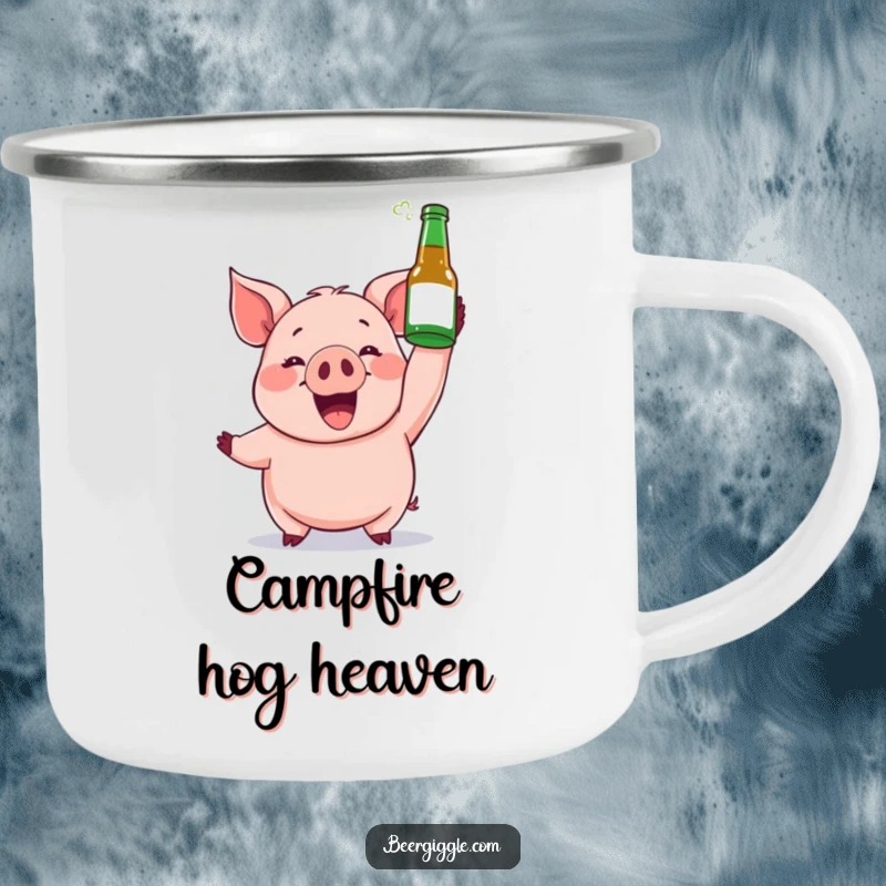 Funny camping mug depicting a gleeful pig holding a beer bottle aloft, embodying adventurous spirit.