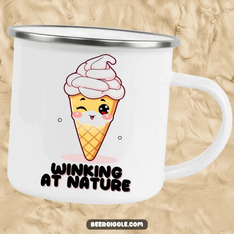 Funny enamel camping mug featuring a winking hop cone, perfect for enjoying drinks in the great outdoors.
