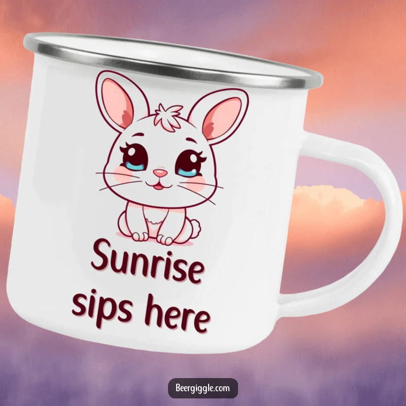Funny Kawaii Bunny Camping Mug: Sturdy mug shows a cute bunny winking with a full mug, ideal for outdoor refreshment and humor.