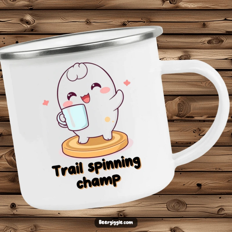 Funny kawaii coaster character spinning happily on a rugged camping mug, ideal for outdoor adventures and bringing cheer to your travels.