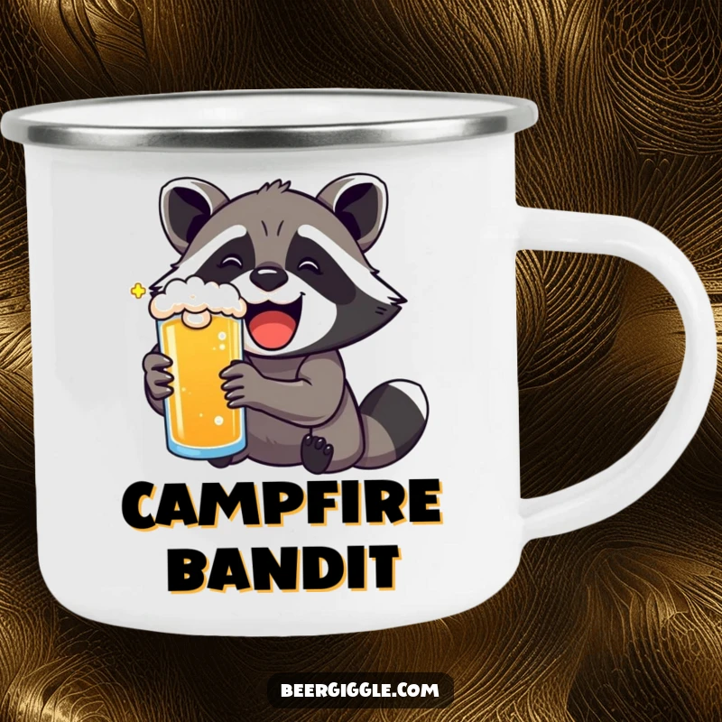 Funny kawaii raccoon with exaggerated delight drinking a beer on a sturdy camping mug.